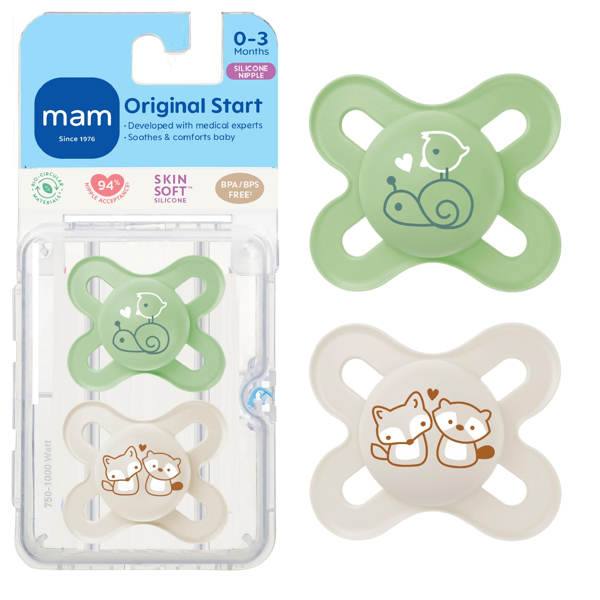 Original Start Matte Baby Pacifiers, Binky for 0-3 Months, BPA-Free Silicone Nipple, Easy to Clean, Best for Newborn Babies, Developed with Medical Experts, 2 Count Binkies with Sterilizer Case