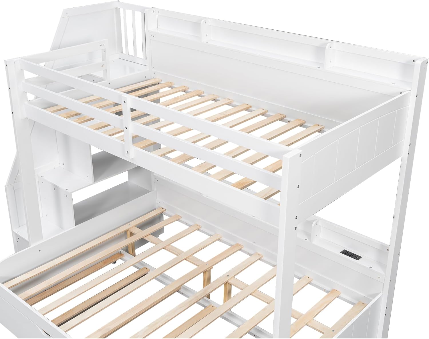 Merax Twin Over Full Bunk Bed Frame with Trundle & Storage Staircase, Wood Platform Bed with Storage Shelves & Guardrail & Charging Station for Bedroom Dorm Guest Room, No Box Spring Needed, White