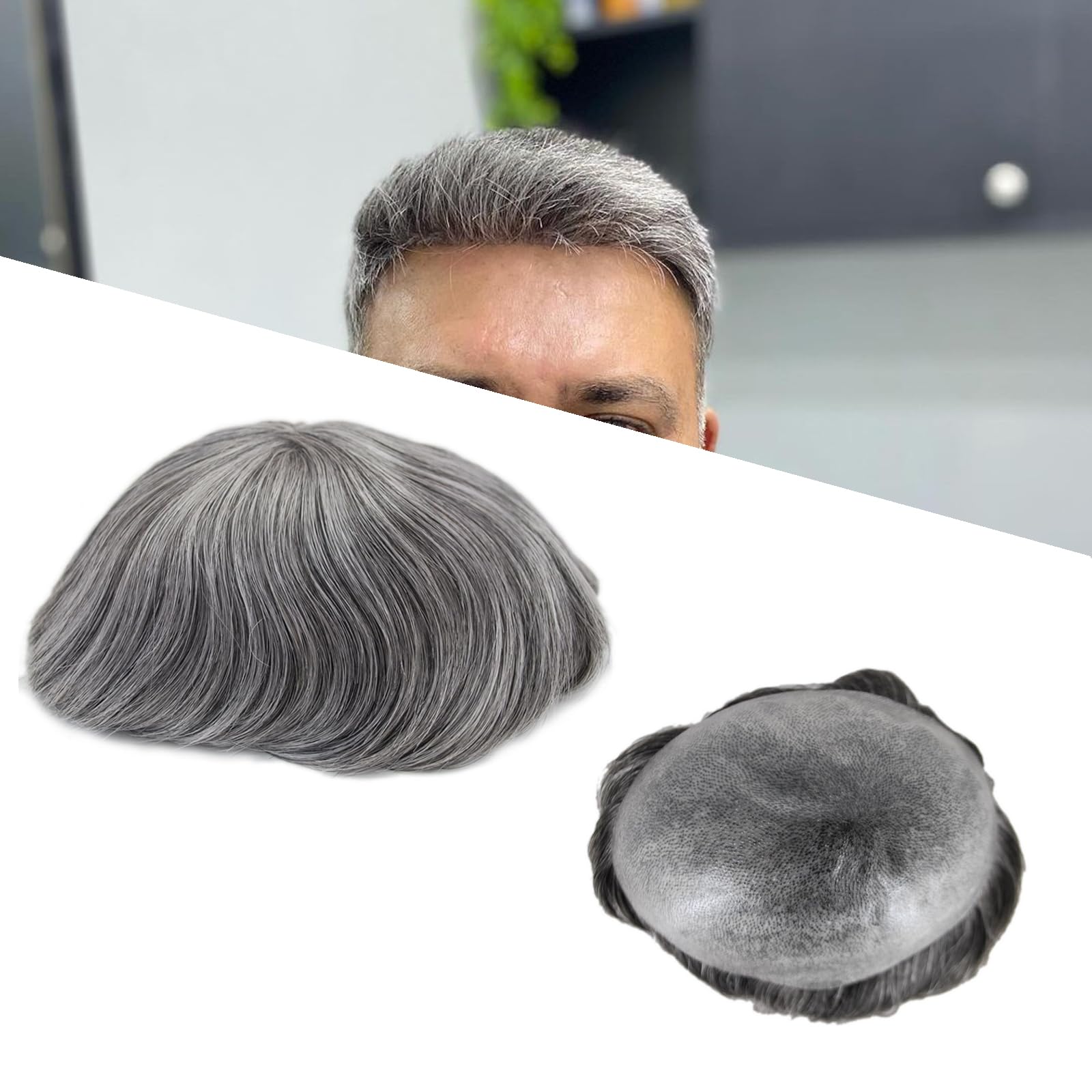 Suncolor Hair Mens Grey Toupee Super Thin Skin Human Hairpiece Natural Black mixed 60% Gray