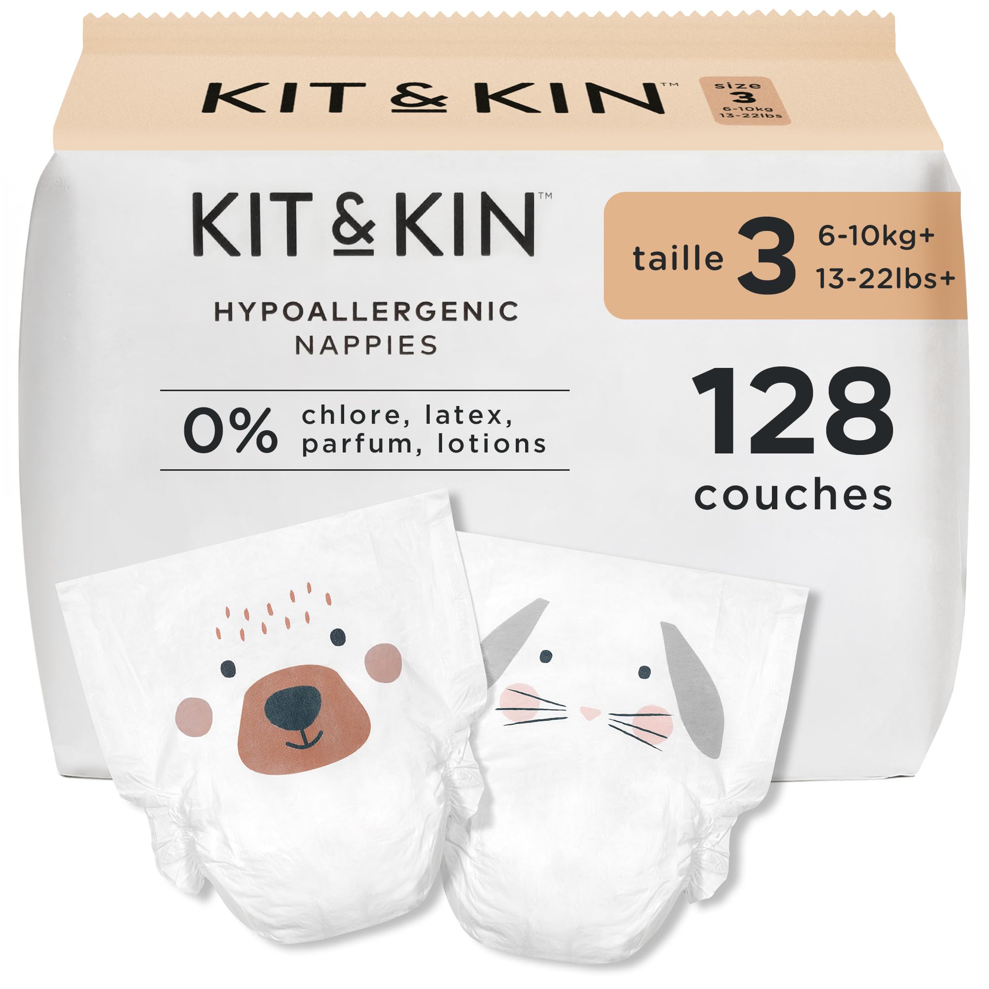 Kit & Kin Couches Taille 3 (6-10 kg) 128 Couches, Hypoallergéniques, à Base de Plantes, Protection Anti-Fuites Supérieure Jusqu'à 12h, Vegan & Sans Cruauté