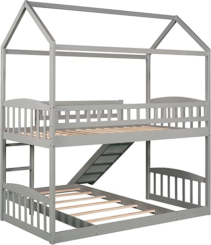 Miniatura 6 de Harper & Bright Designs Litera de casa individual sobre cama individual con nido extensible y escalera, marco de litera de madera para niños,