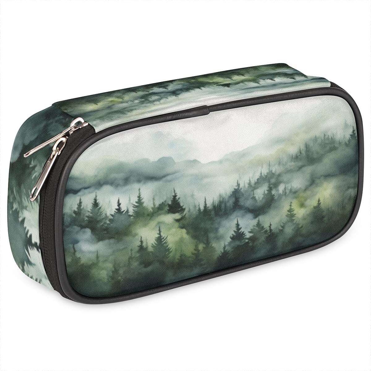 Watercolor Forest Big Capacity Pencil Case Fantastic Forest Pencil Pouch with Zipper Compartments Pen Holder for College School Portable Stationery