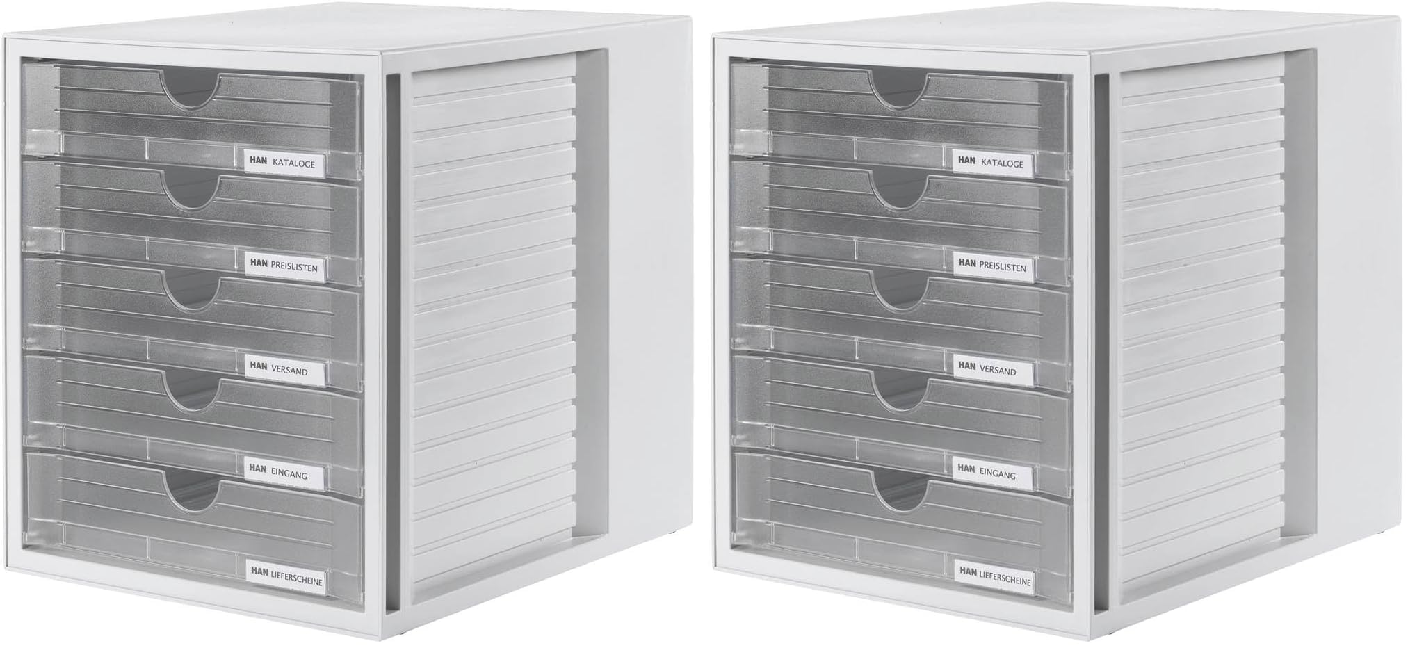 HAN Schubladenbox SYSTEMBOX mit 5 geschlossenen Schubladen, Schreibtisch oder im Schrank, inkl. Auszugsperre + Beschriftungsclip, möbelschonende Gummifüße, 1450-63, lichtgrau/transluzent-klar