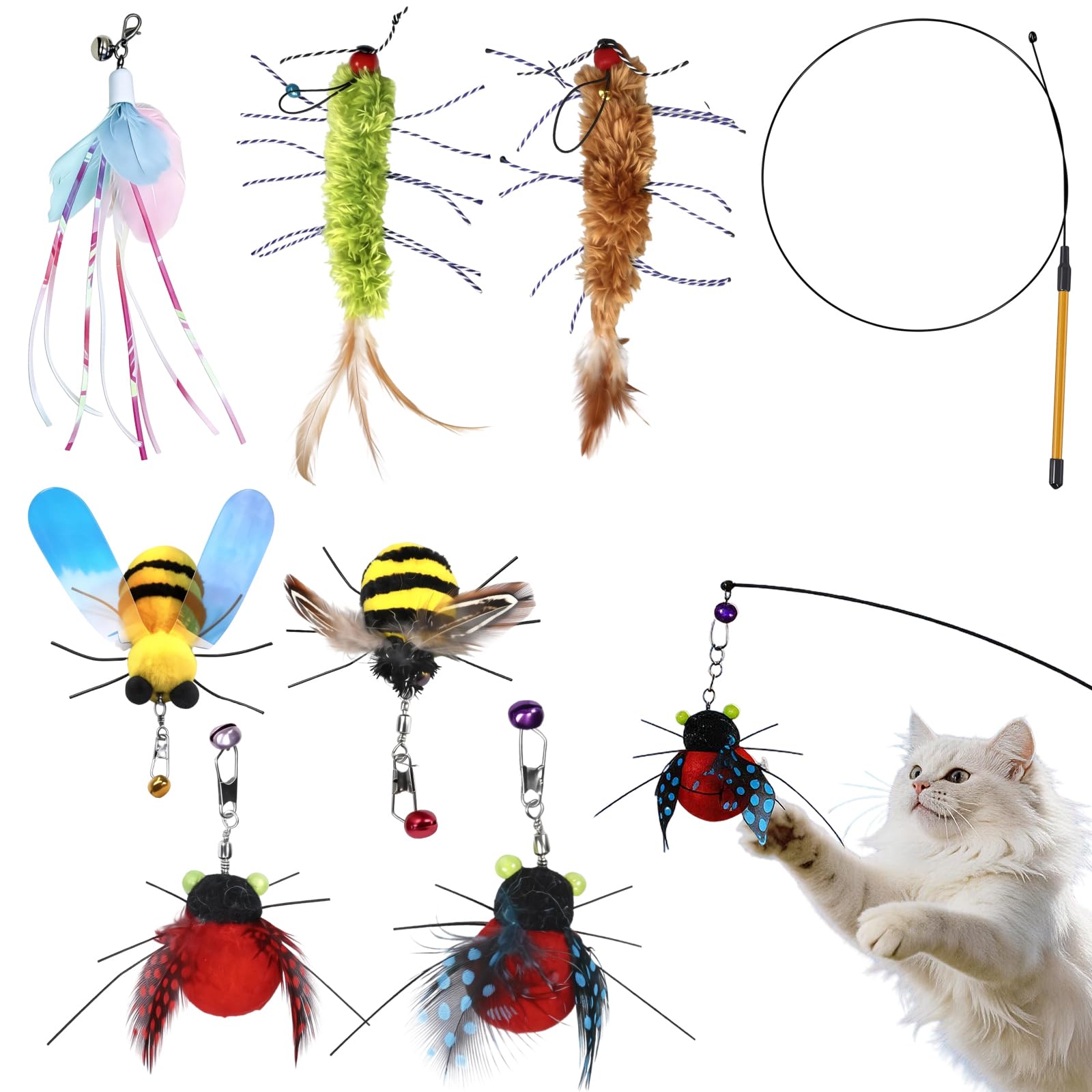 klahh Cat Wand Toy Set with 8 Replacement Cat Wand Toys, Interactive Cat Wand for Play and Exercise, Durable and Lightweight, Perfect for Indoor Cats