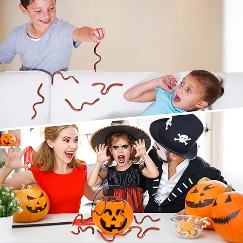 Miniatura 6 de HLARTNET 85 lombrices de tierra falsas de Halloween, gusano de plástico, suave, realista, elástico, juguete para Halloween, fiesta del día de los
