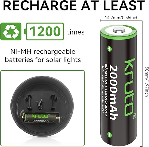 Miniatura 4 de Kruta NiMH - Baterías AA recargables, 2000 mAh, 1.2 V, NiMH de alta capacidad, doble AA para luces solares al aire libre, recarga hasta 1200 veces,
