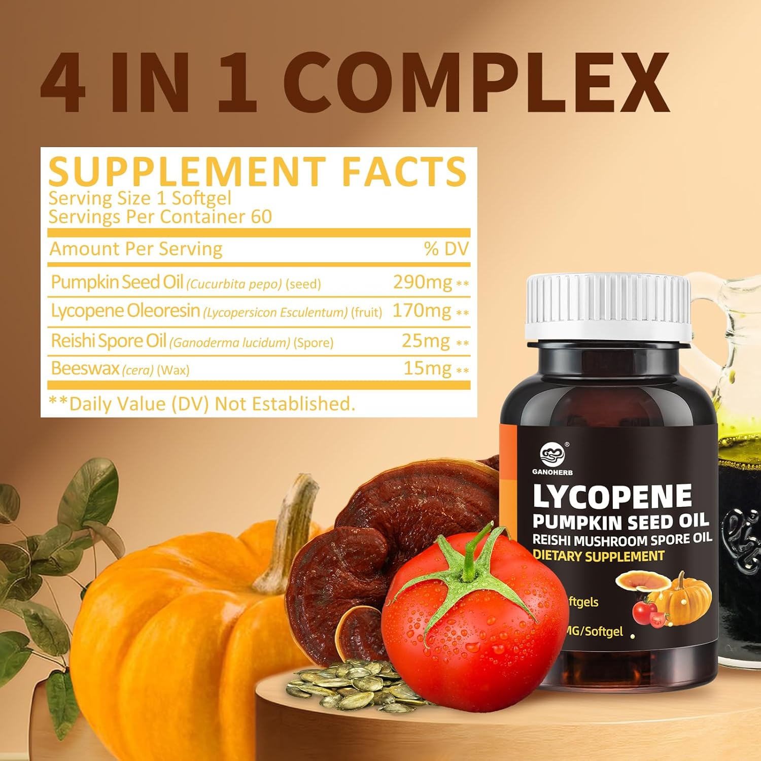 Pumpkin Seed Oil Capsule Lycopene Supplement, Cold Pressed Pumpkin Seed 3 in 1 Hair Growth Supplement with Reishi Mushroom Spore Oil for Urinary and Prostate Health, 60 Softgels