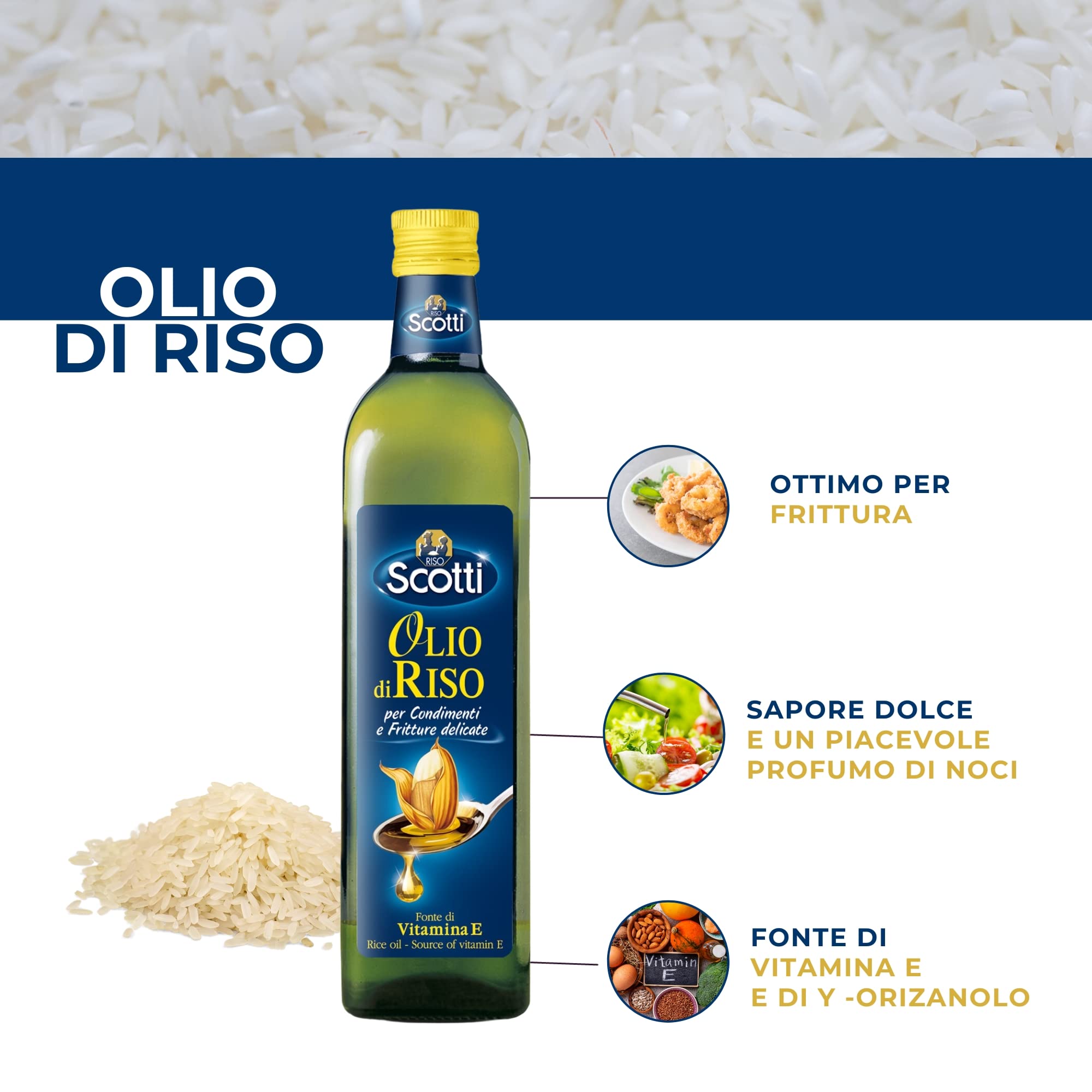 Riso Scotti Olio di Riso - Bottiglia per Condimenti e Fritture Delicate - Sapore Dolce per Cibi Freddi e Insalate - Fonte di Vitamina E, 0,75L x 8 pz