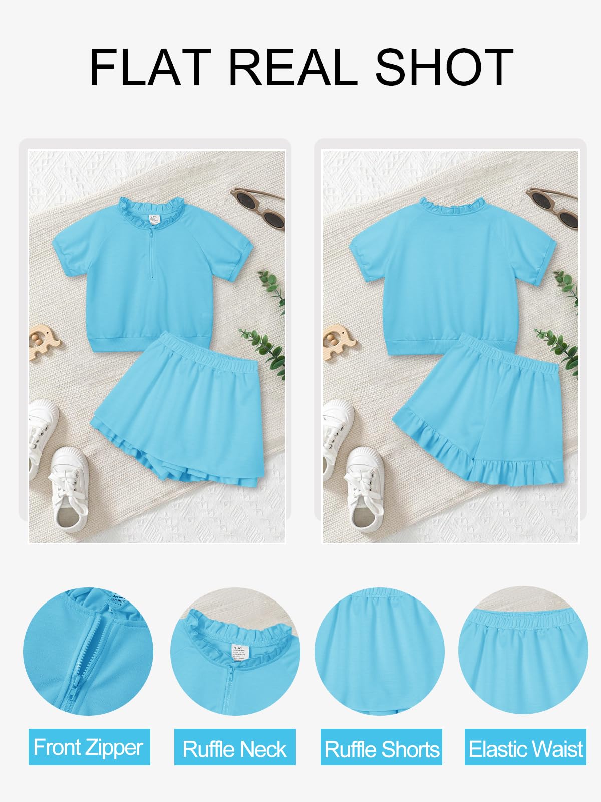 Hotfiary Conjunto de 2 piezas de verano para niñas de 5 a 14 años, cuello con volantes, cremallera de 1/4, camiseta de manga corta y pantalones cortos