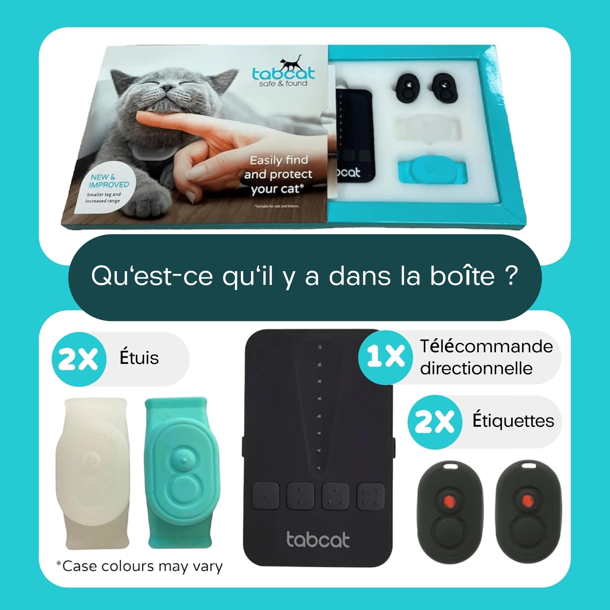 Traceur Tabcat V2 pour chats et chatons - Sans abonnement mensuel | 2 balises de localisation légères, étuis et boîtier de suivi | Plus précis que le GPS | Suivi de 2 chats à 2,5 cm et portée de 150 m
