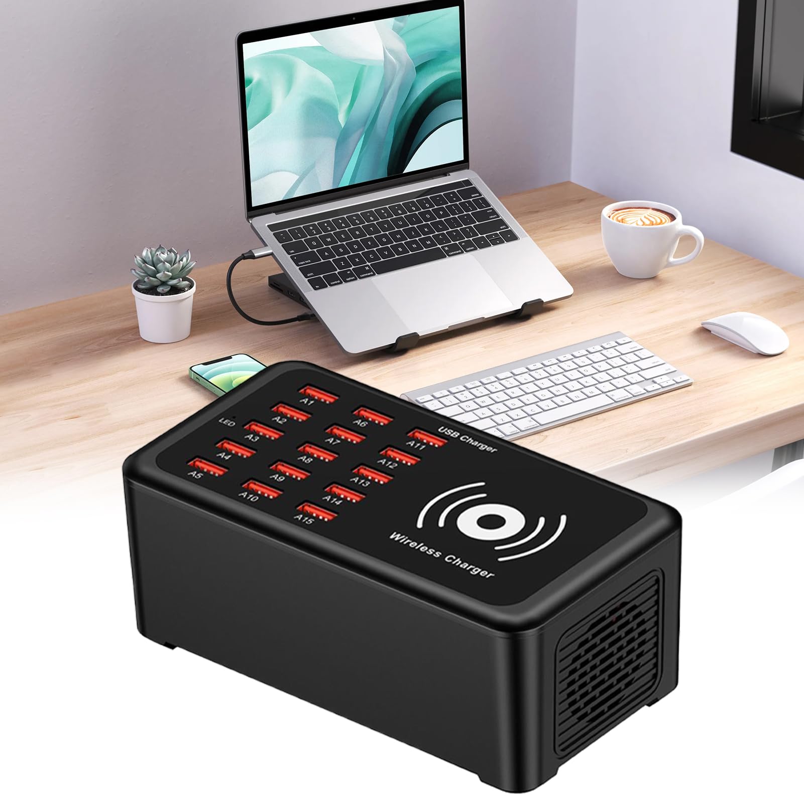 Base Di Ricarica Per Dispositivi Multipli 15 Porte 100W Ricarica Rapida | Stazioni di Ricarica per Cellulari Hub Caricatore USB Per Laptop Telefono Tablet Adulti Adolescenti Casa Ufficio Viaggio S
