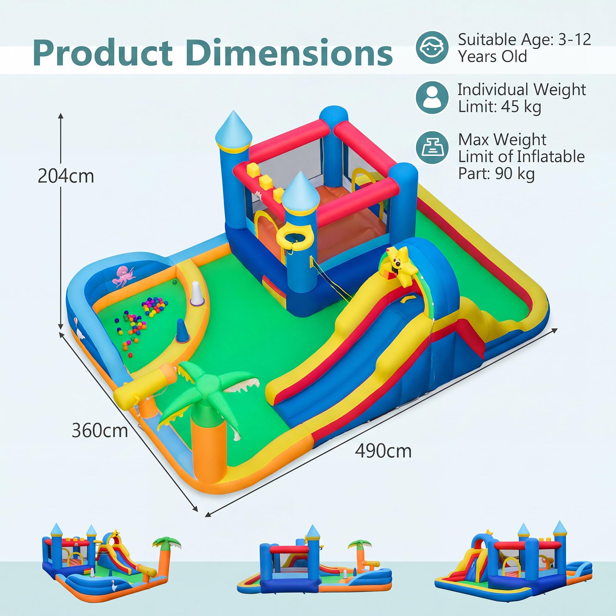GIANTEX Castello Gonfiabile per Bambini 3+ Anni, Grande Parco Acquatico, in Tessuto Oxford, 2 Piscine, Scivolo, Trampolino, Parete da Arrampicata, Palle, Borsa da Trasporto, per Esterno, Interno