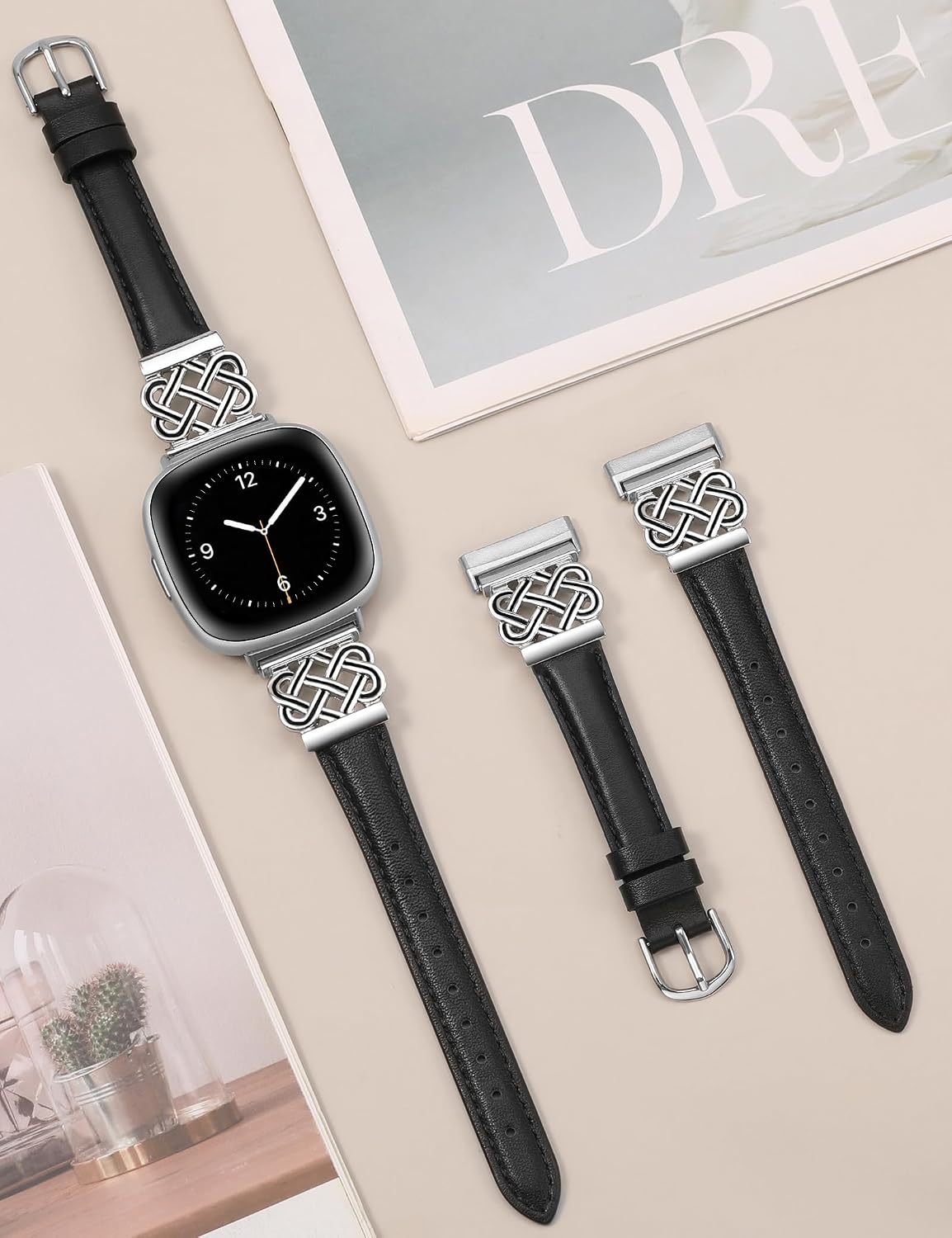 TOYOUTHS Celtic Knot Leather Band Compatible with Fitbit Versa 4/Versa 3/Fitbit Sense 2/Sense Band Women, Slim Dressy Thin Fashion Designer Premium Leather Strap for Versa 3 4 Sense 2 Smartwatch