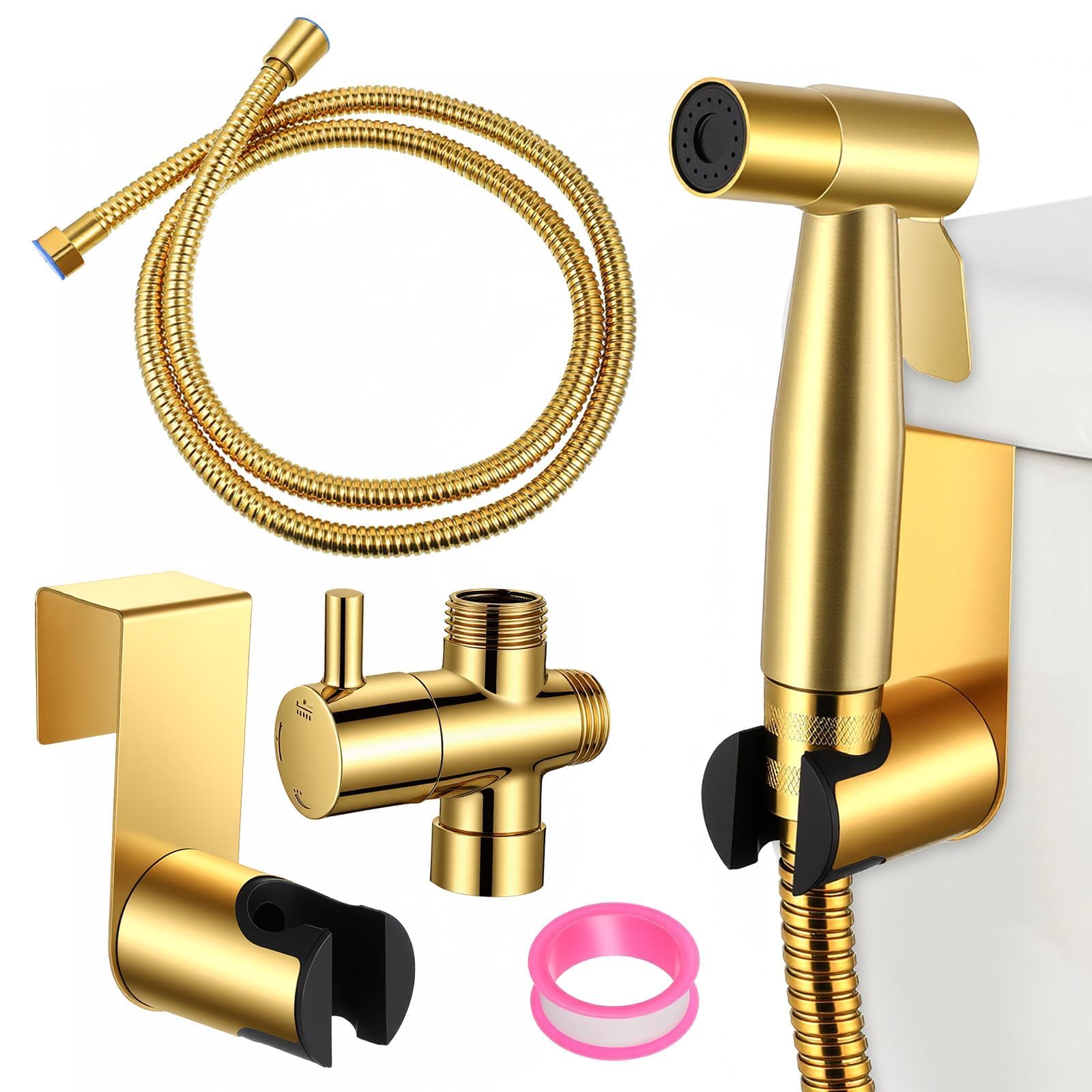 Handheld Bidet Sprayer Kit with 1.5m Hose & T-Adapter for Toilet, Baby Diaper & Pet Bath, Gold
