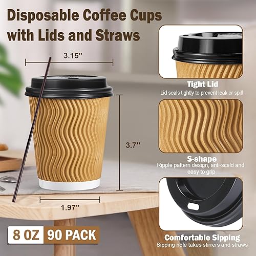 Miniatura 2 de 80 juegos Tazas de café desechables de 16 onzas con tapas y pajitas tazas de café para llevar tazas de papel corrugado tazas de pared con ondas de