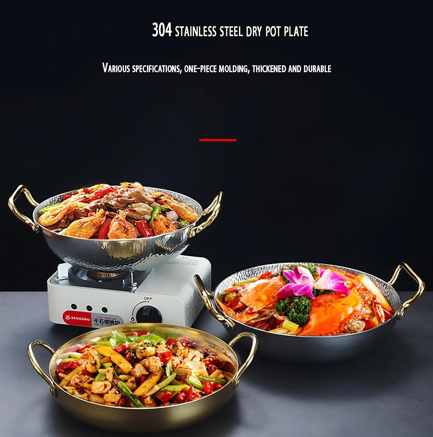 Stainless Steel Paella Pan Stainless Steel Frying Pan Nonstick Cooking Skillet Cookware with Dual Handle Spanish Seafood Lobster Plate for Home Cooking Cookware Kitchen,Gold,26cm