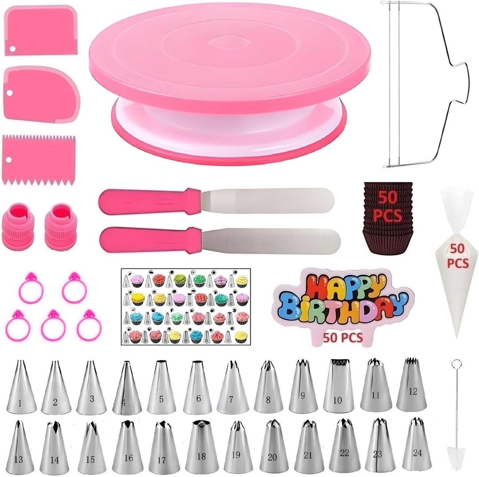 190 Pcs Cake Decorating Kit,Baking Supplies Tools with Cake Turntable,Leveler,24 Numbered Icing Tips,2 Spatulas,3 Scrapers,2 Couplers,50 Pastry Bags,50 Cupcake Liners & More, (Pink)