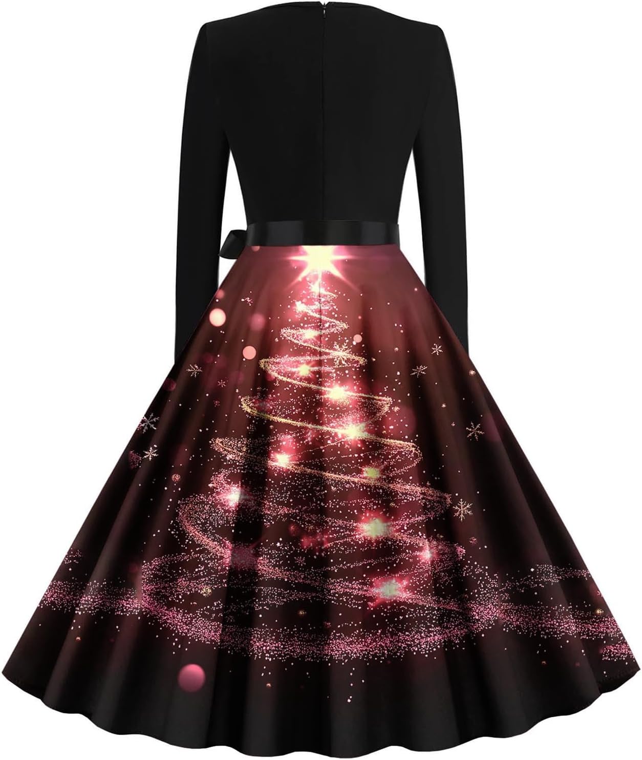 Women's Christmas Dresses Snowflake Plaid Print Long Sleeve Vintage Dresses | Classic Holiday Party Dress with Winter Check Pattern Contrast Bodice Full Swing Skirt and Decorative Waist Tie Detail