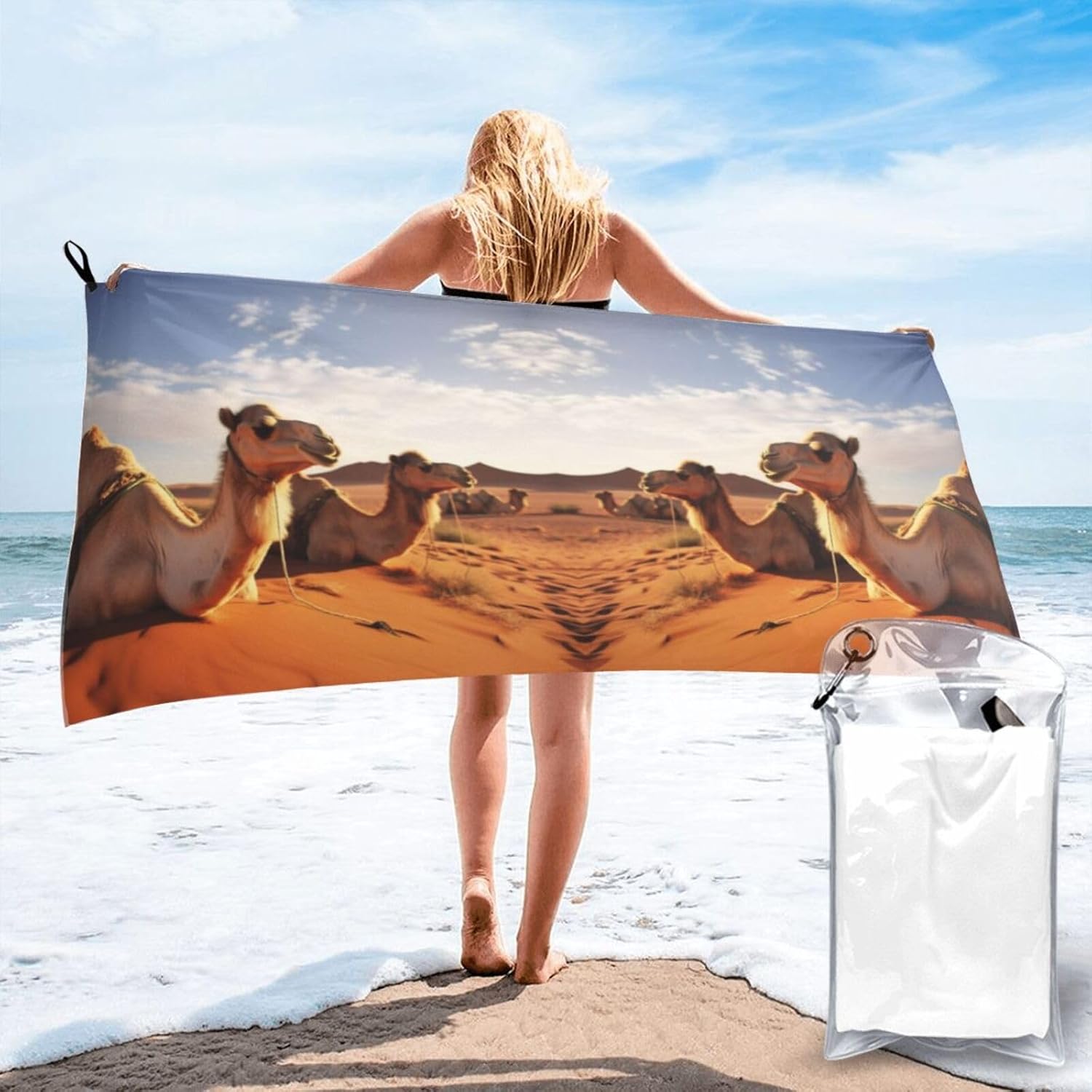 Large Quick Dry Beach Towel Camels Rest Desert Printing Microfiber Camping Towels Super Absorbent Travel Beach Towels for Traveling,Hiking,Swimming, Bath,Sports,Yoga (27.5"X55")