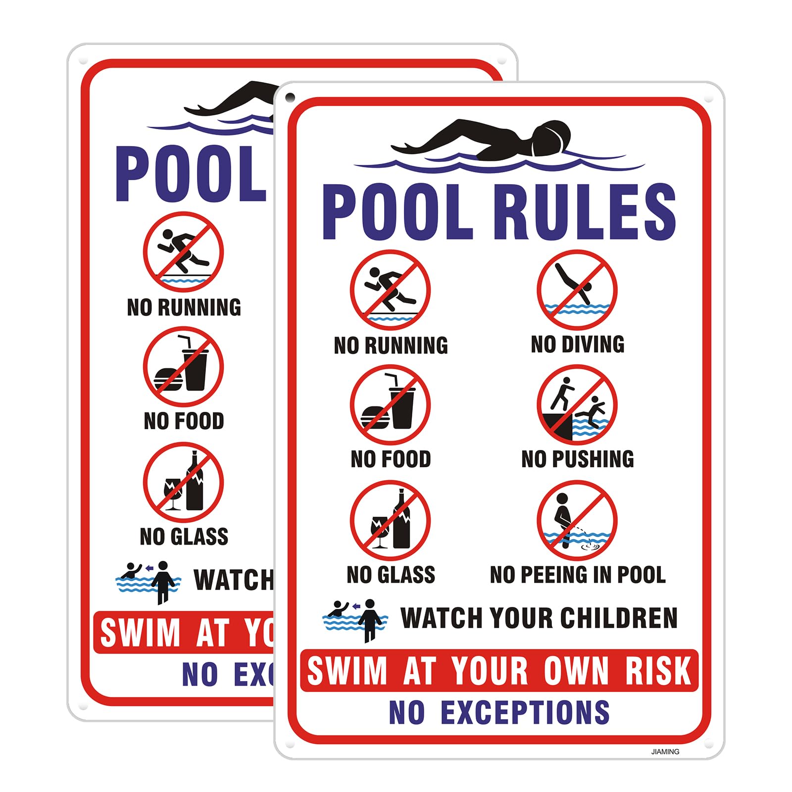 (2-Pack) Metal Tin Sign Pool Rules Signs, No Running No Diving... Swim At Your Own Risk Warning Sign.12x8 Inch Reflective Rust-Free Aluminum,Weatherproof UV Protected