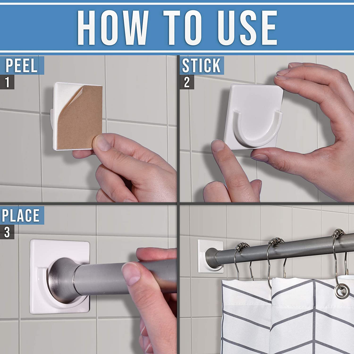 Tagve Adhesive Shower Curtain Rod Holder | Rod Retainer | No Drilling | Stick On | 3M Adhesive | Shower Curtain Rod not included | (White) 2