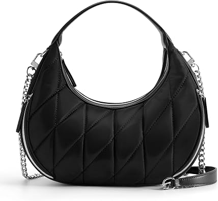 TOPEAST Quilted Crescent Shoulder Bag for Women, Waterproof Nylon Crossbody with Chain Strap, Lightweight Hobo Purse
