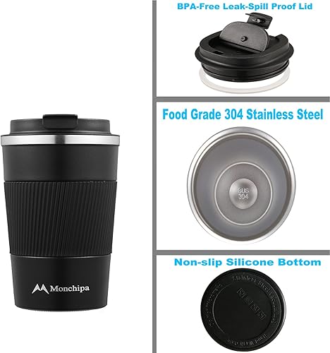 Miniatura 3 de Taza de café de viaje, 12 onzas, tazas de café de acero inoxidable, termo de doble pared con tapa de rosca, a prueba de derrames, taza aislada