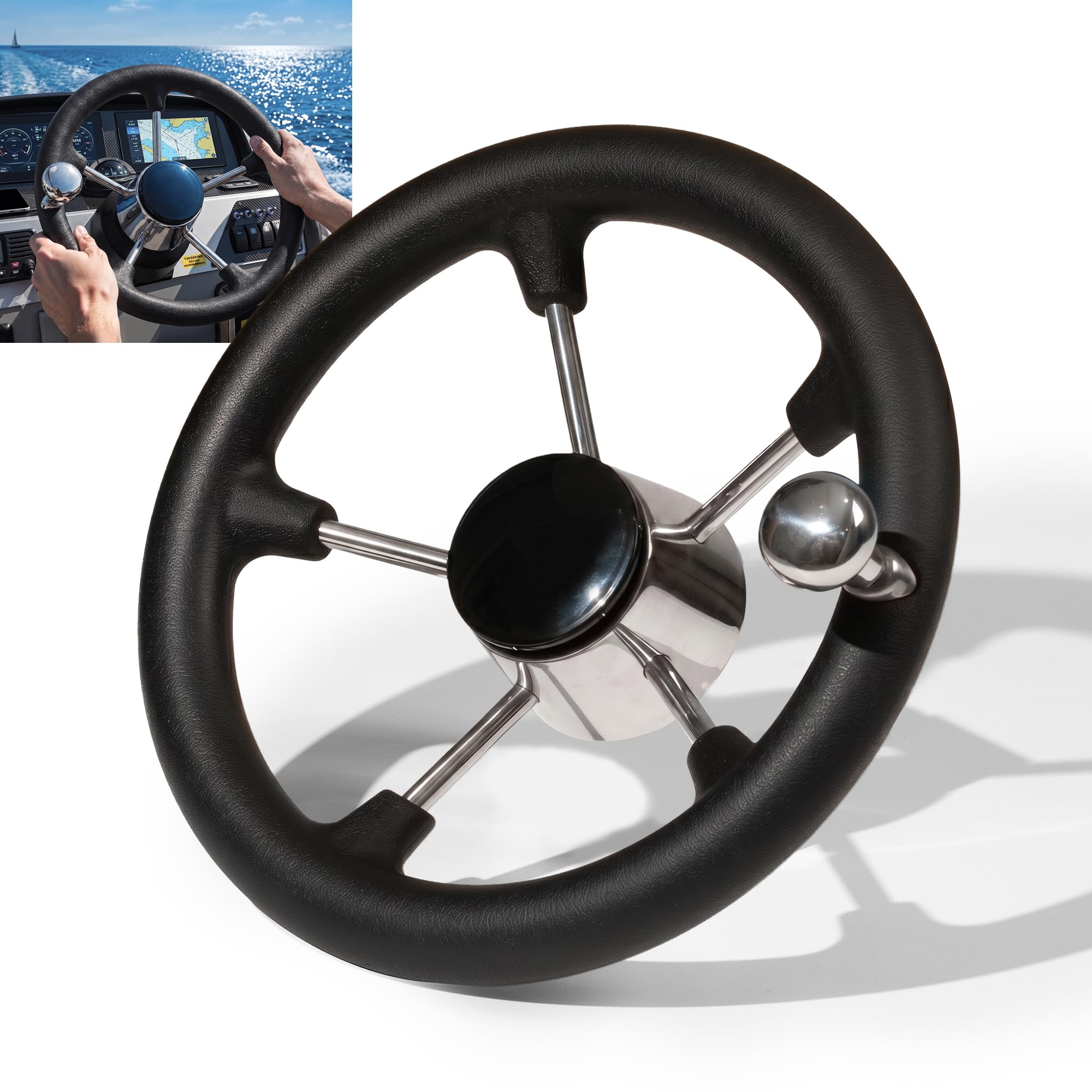 Pebbly Beach 11" Marine Boat Steering Wheel ，5 Spoke Stainless Steering Wheel with Knob and Black Foam Grip