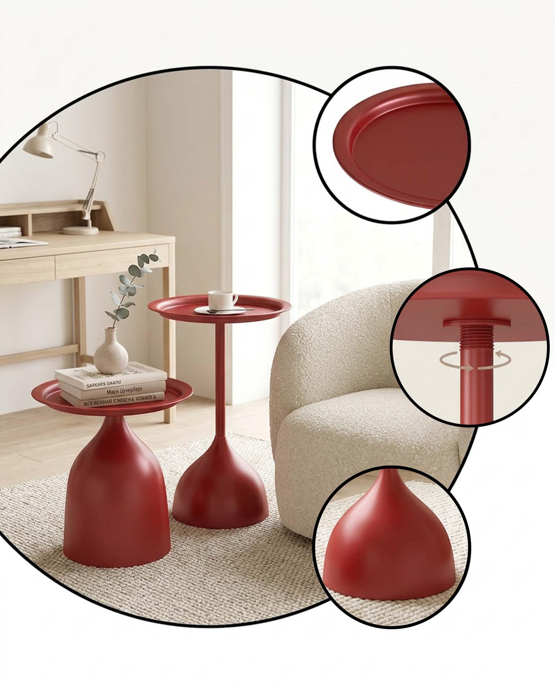Juego de 2 Mesas Auxiliares de Salón en Metal Rojo, Mesita Redonda para Sofá o Sillón, Mesa de Centro de Diseño Moderno, Versátil para Interior y Exterior, Altura 42/60cm