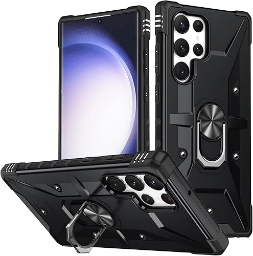 Miimall Funda compatible con Samsung Galaxy S23 Ultra, funda S23 Ultra con soporte de anillo y soporte giratorio y funda antideslizante a prueba de