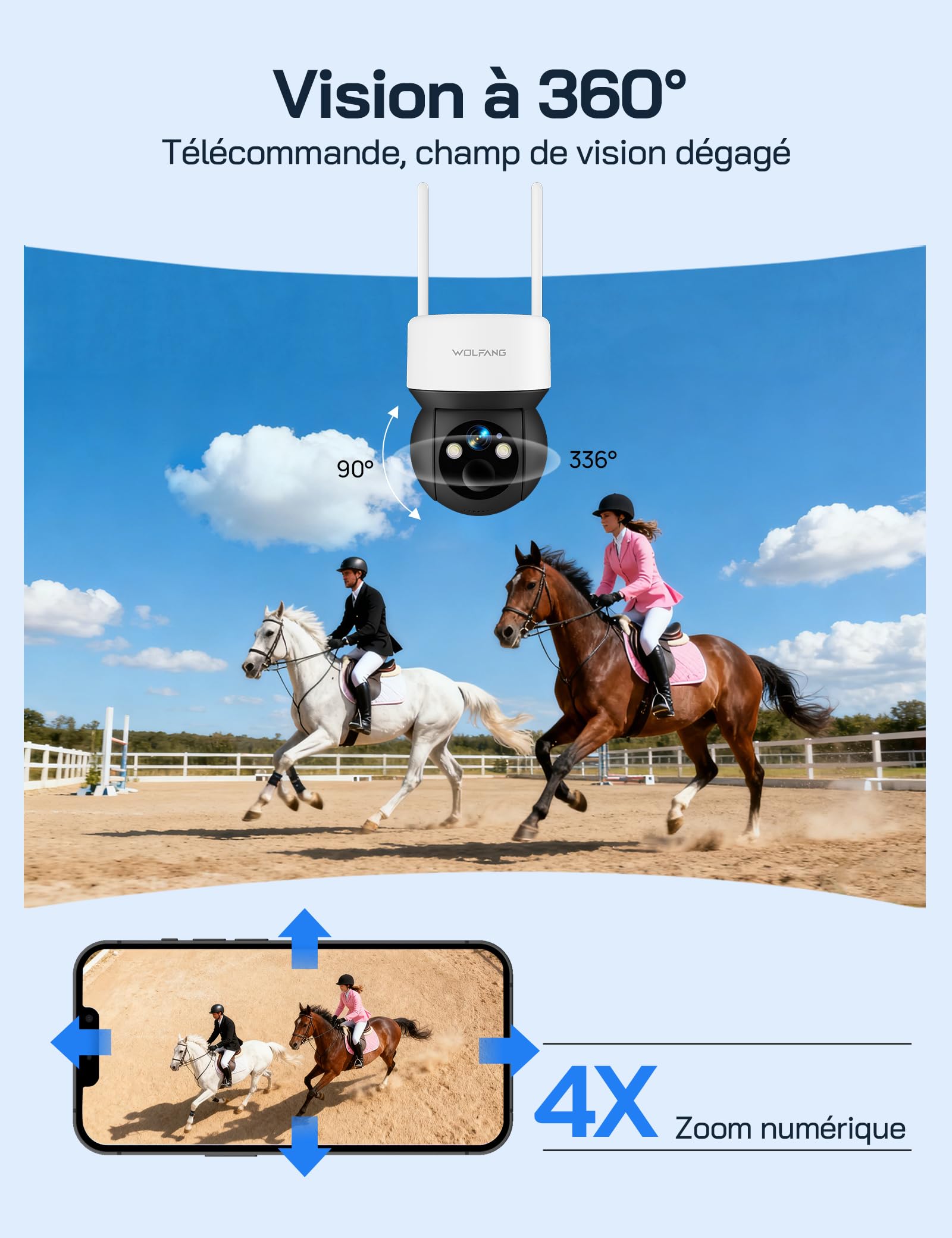 WOLFANG Camera Surveillance Exterieure sans Fil 4G avec SIM, Camera Solaire, 2K HD, Vision Nocturne, Audio Bidirectionnel, PIR, Enregistrement Local, Carte microSD 32 Go
