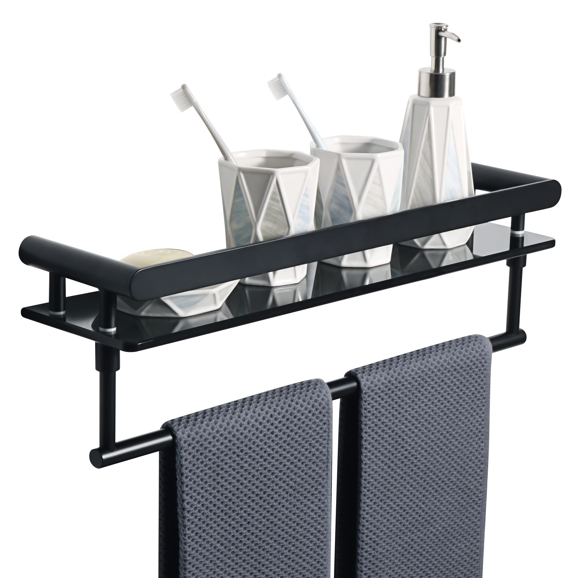 NUHSLF Shower Caddy Bathroom Shelf Extra Thick Tempered Black Glass Shelf with Towel Rail Wall Mounted 20-Inch Shower