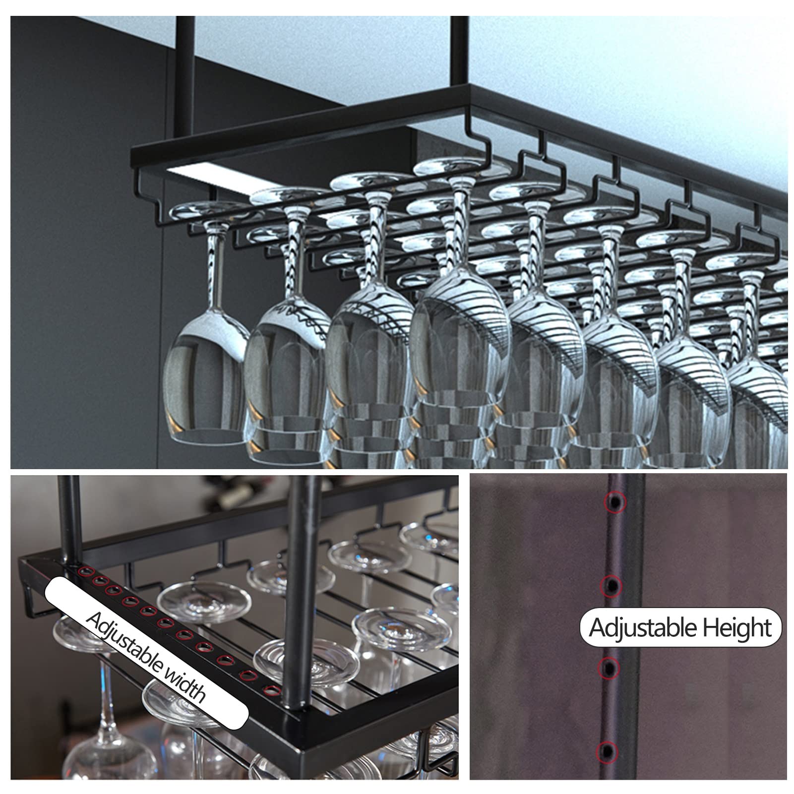 Estante para vinos para Colgar en el Techo/Estante para Copas de Vino bajo el gabinete/Soporte para Copas de Vino invertido/Estante de Almacenamiento Ajustable/Negro