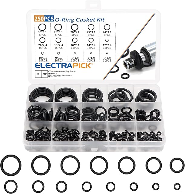 ELECTRAPICK 250Pcs O-Ring Gasket Kit, 15 Sizes Rubber Washers Seals Assortment Set, Electrical Gasket Ring for Plumbing Washer Seal & Auto Quick Repair