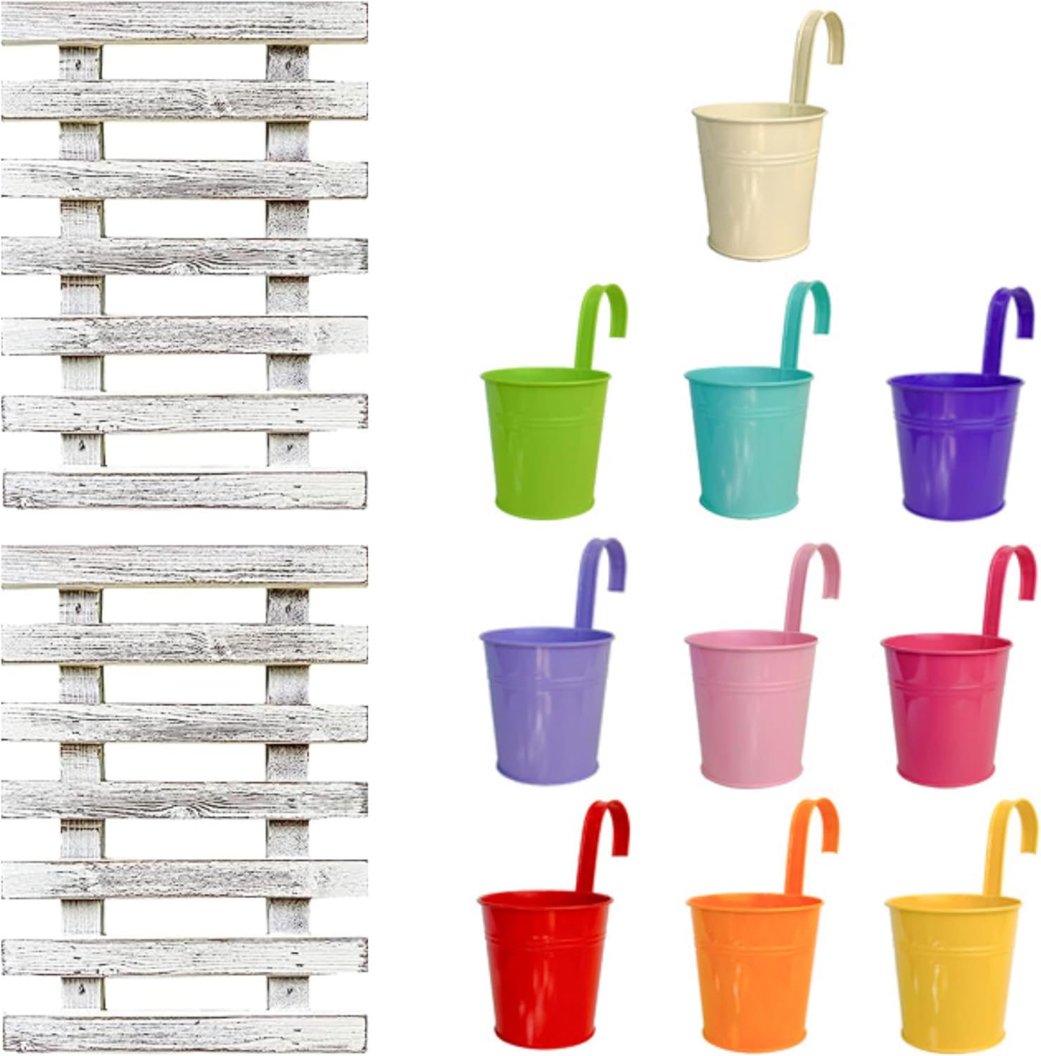 LalaGreen Bundle - 4" Pot + 2 Wooden Plant Holder, Colorful Metal Round Flower Pots, White Wooden Wall Hanging Planter, Wall Plants Holder for Flower Pot Indoor Outdoor Wooden Ladder Vertical Garden