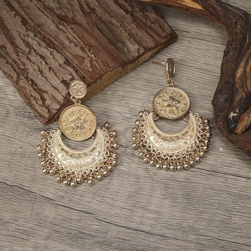 Vintage Chandelier Earrings Beaded Tassel Earring for Women Bohemian Ethnic Retro Style Gold Silver Chandelier Tassel Dangle Drop Earrings Boho Statement Cut-out Dangling Chandelier Earrings Charm Hollow Crescent Carved Round Bead Tassel Earrings Personalized Mexico Gypsy Dangle Earrings Jewelry - Image 5