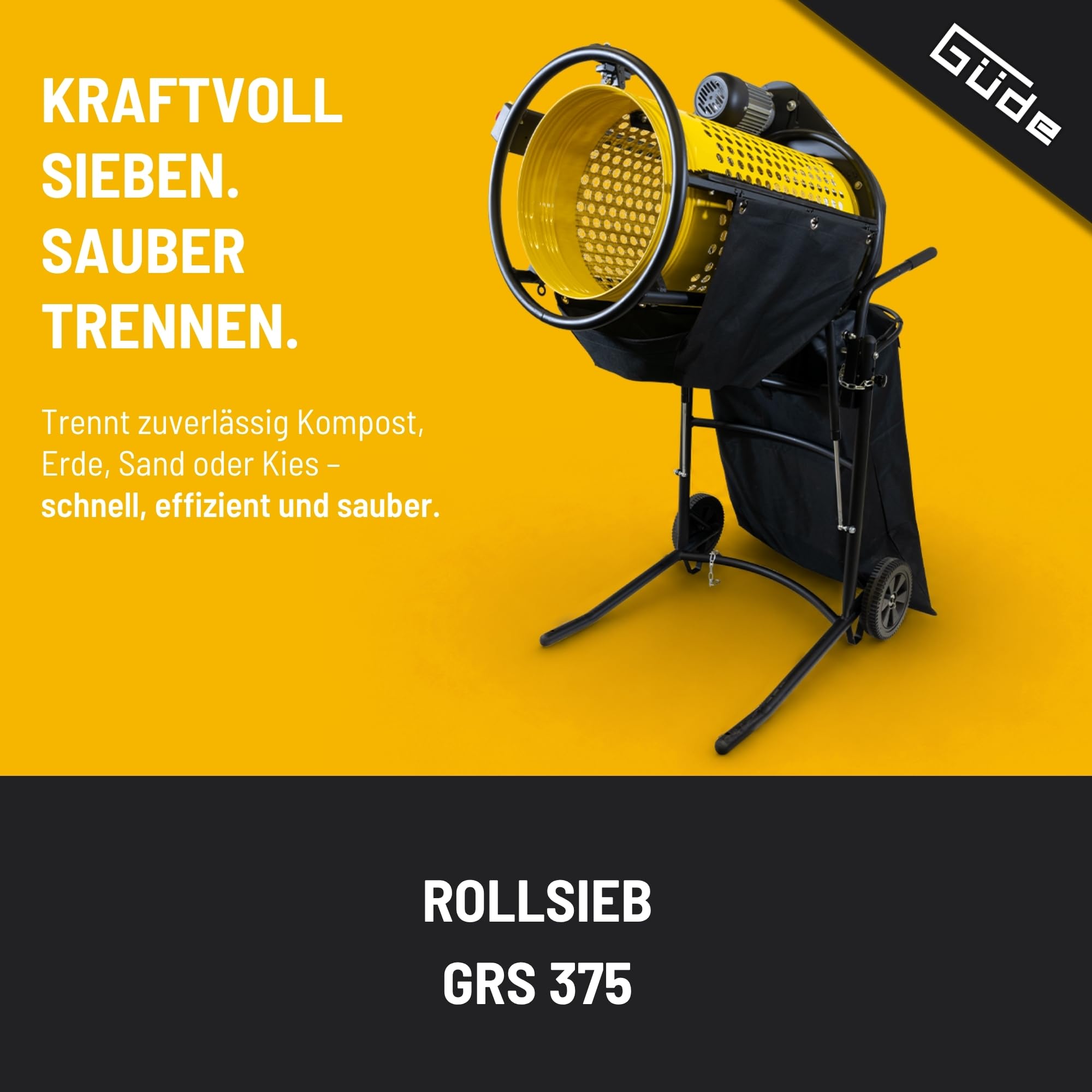 Güde Rollsieb GRS 375, 360 W, Siebtrommel Ø 375 mm, Modell 94414 | Zum Sieben von Kompost, Erde und Sand, Lochung 10 mm oder 20 mm, Neigungswinkel einstellbar, Transporträder, Fangsack