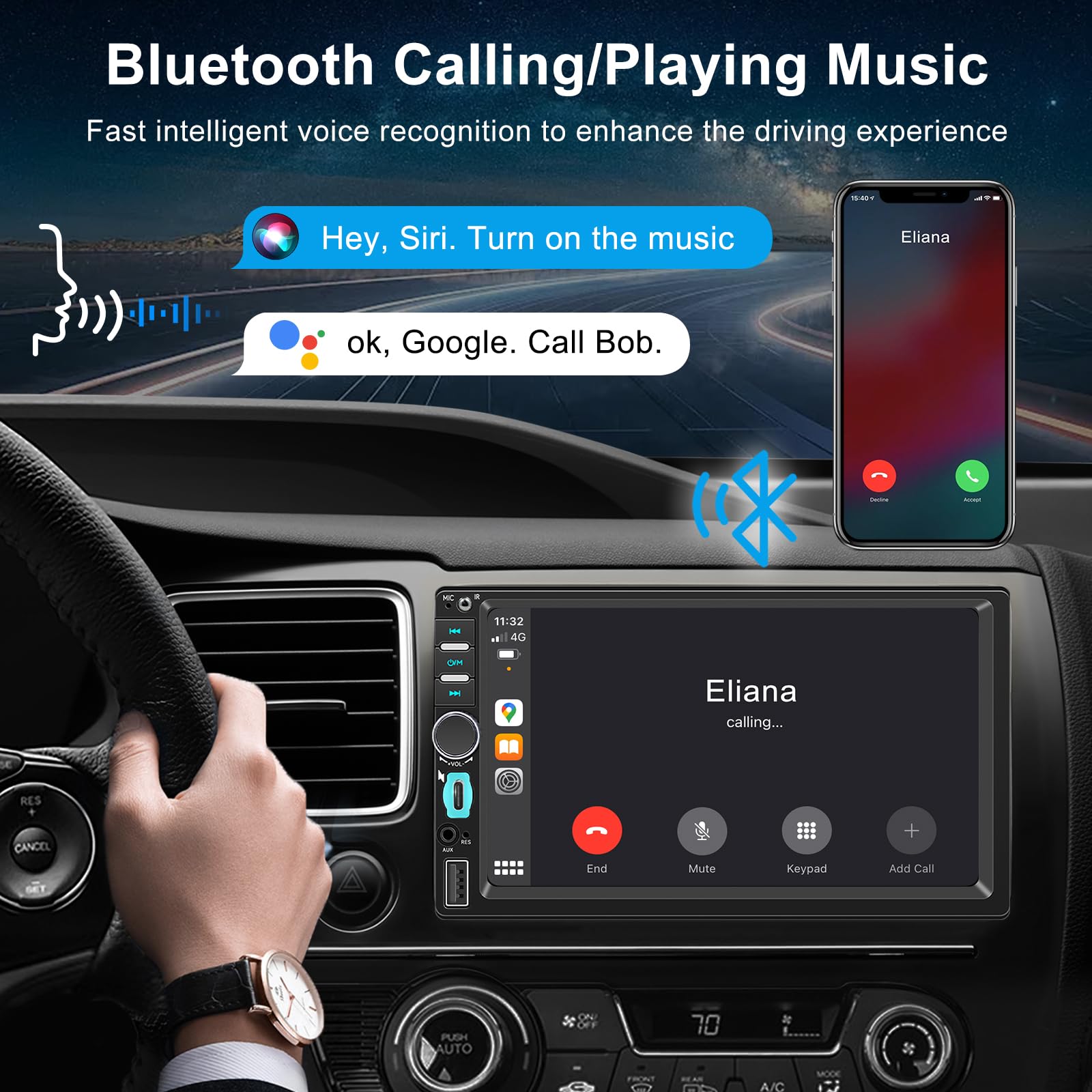 Autoradio 1 DIN avec Écran Tactile HD 7 Pouces, CarPlay sans Fil et Android Auto, Radio Voiture Bluetooth Mains Libres, Mirror Link, Navigation GPS, Contrôle Vocal, FM, Caméra de Recul, USB, Type-C