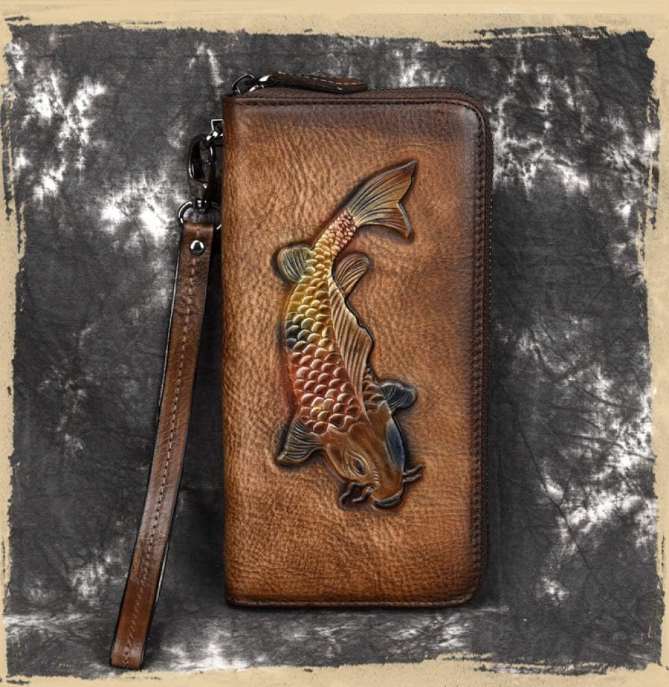 Women's Cowhide Genuine Leather Zipper Wallet Retro Carved Multi-Layer Clutch (retro brown)