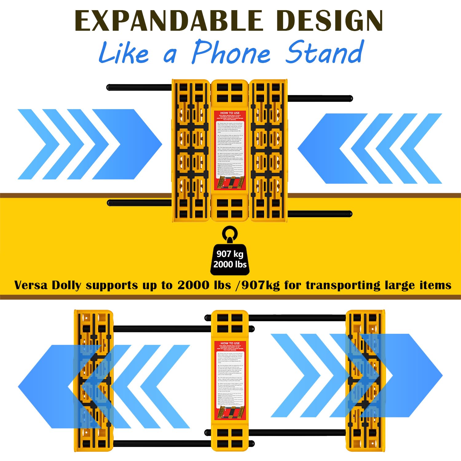 Carrello di trasporto regolabile pesante – Espandibile fino a 91 cm, capacità di 907 kg – Per elettrodomestici, mobili e materiali da costruzione, con cinghie elastiche, adatto a diverse superfici