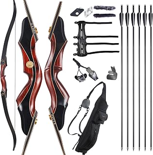 Archery 60" Takedown Hunting Recurve Bow and Arrow Set for Adults Practice Competition Longbow Kit with 6pcs Fiberglass Arrows Right Hand Black