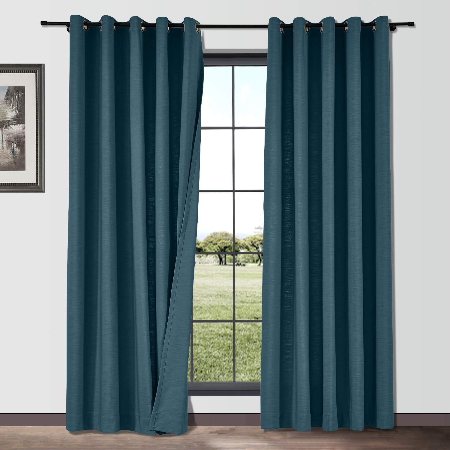 ChadMade Linen Blend Texture Curtain Grommet Drape 150 Wide by 96 Long Room Darkening Drapery for Patio Door Door Panel Living Room (1 Panel, Navy), Cary Collection