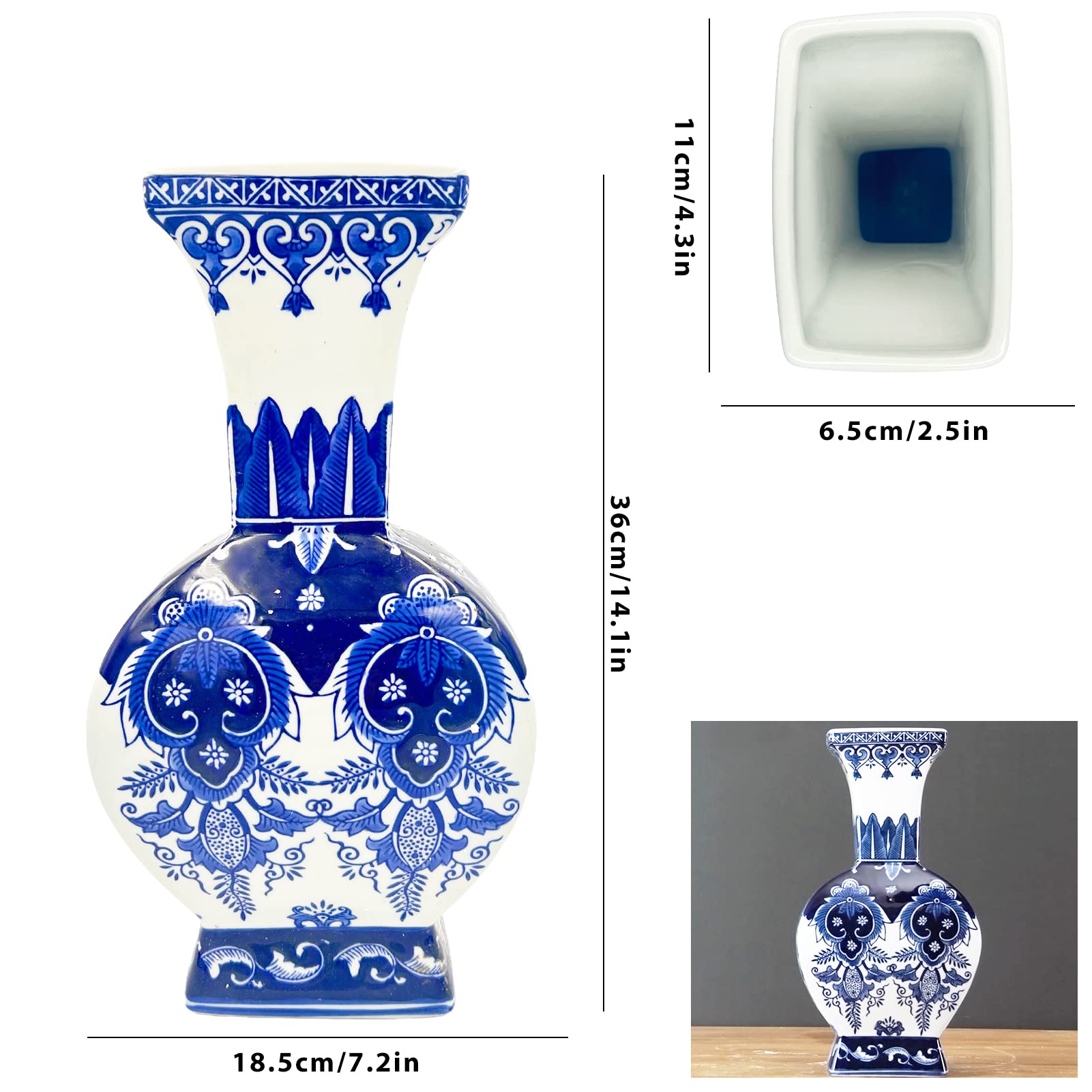 景徳鎮 ボトル型 風景画 花瓶 青白磁 陶器 盆付き 青白磁 - ラン鉢 花瓶・フラワースタンド