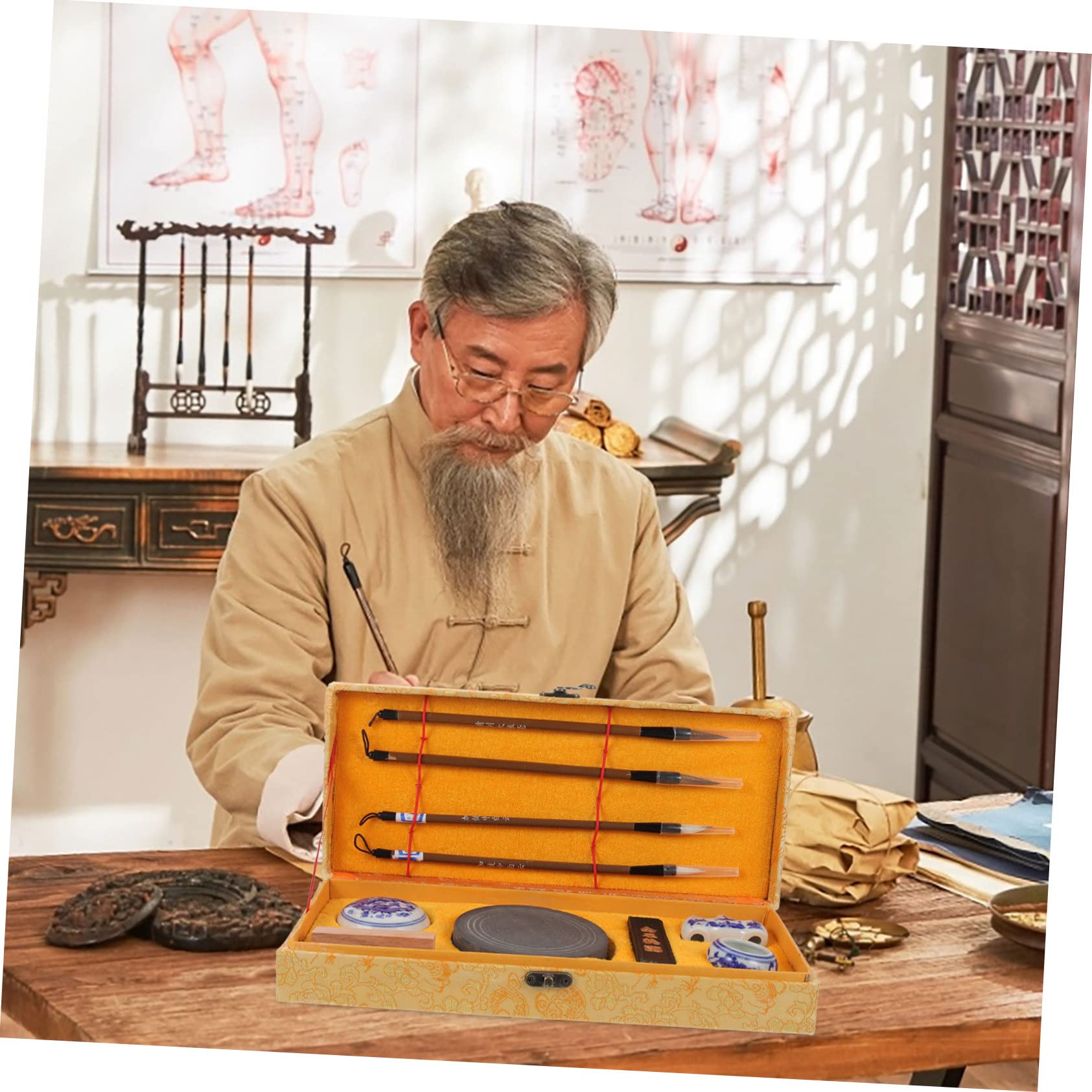 Set de Calligraphie Chinoise avec Pinceau Écriture Pierre à Encre et Kit de Pratique pour Étudiants Complet de Fournitures de Bureau pour Arts Graphiques