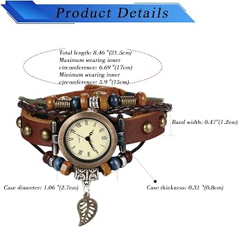Punk Leather Bracelet Watch: Women Browm Retro Ethnic Casual Analog Quartz Roman Number Feather Layer Wristwatches, Punk, Adult