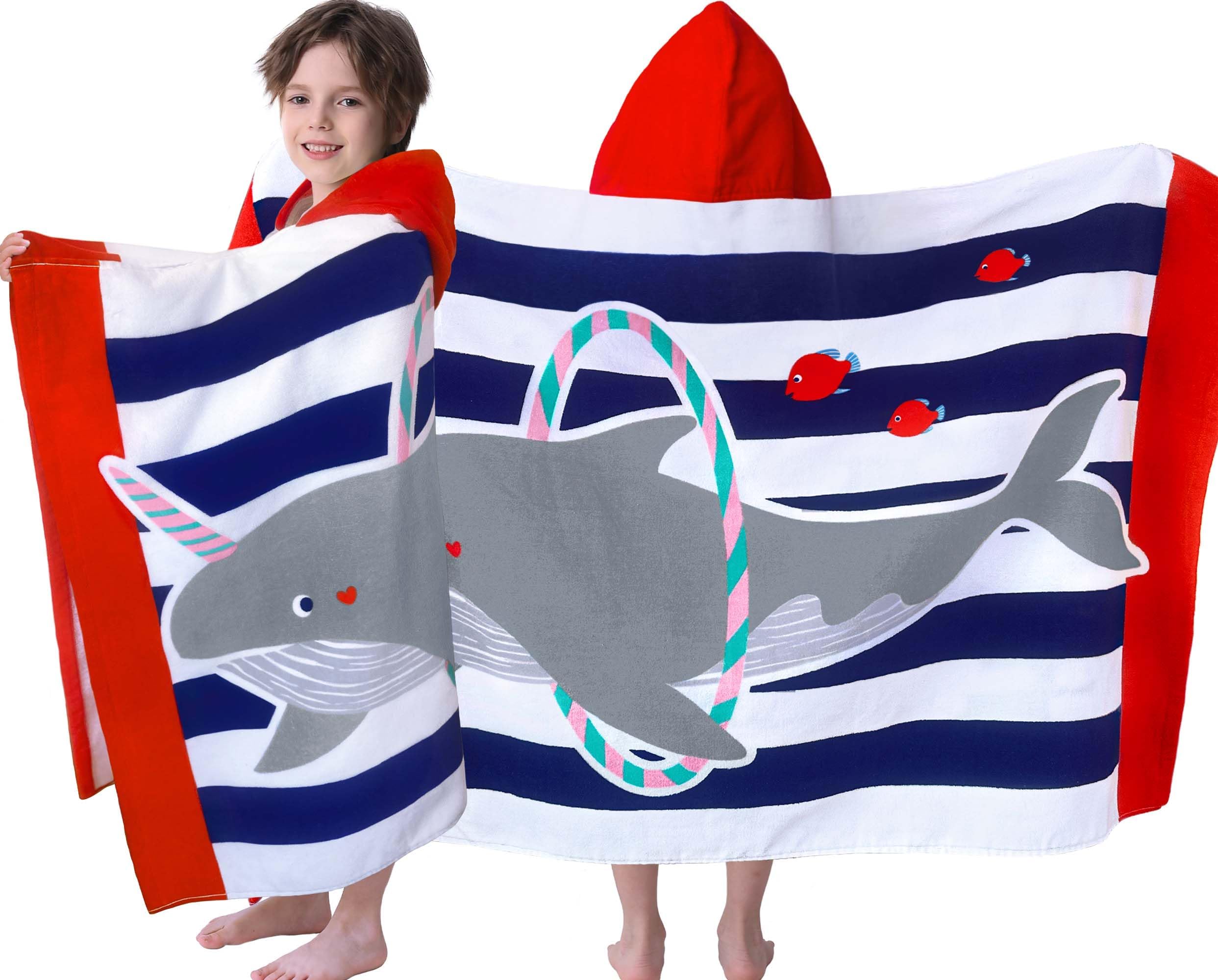 VOOVA & MOVAS Toallas de playa con capucha para niños (3-10 años, 30 x 50 pulgadas), toalla absorbente 100% algodón para niños, perfectas para la playa, piscina, baño, natación, narval Hula-Hooping