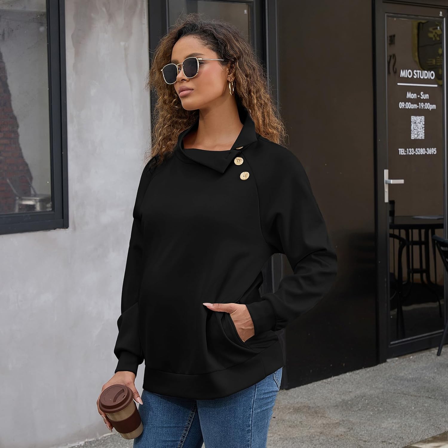 Maternity Oversized Turtleneck Sweatshirt for Women Buttons Shirts Long Sleeve Tops as clothing with Side Pockets - Image 2