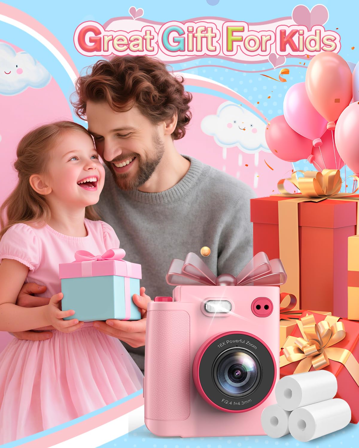 Sofortbildkamera Kinder, 1080P HD Kinderkamera Sofortbildkamera mit 32GB Karte & DruckerPapier, Kinderspielzeug Geburtstag und Weihnachten Geschenke für Jungen/Mädchen 3-12 Jahren (Rosa)