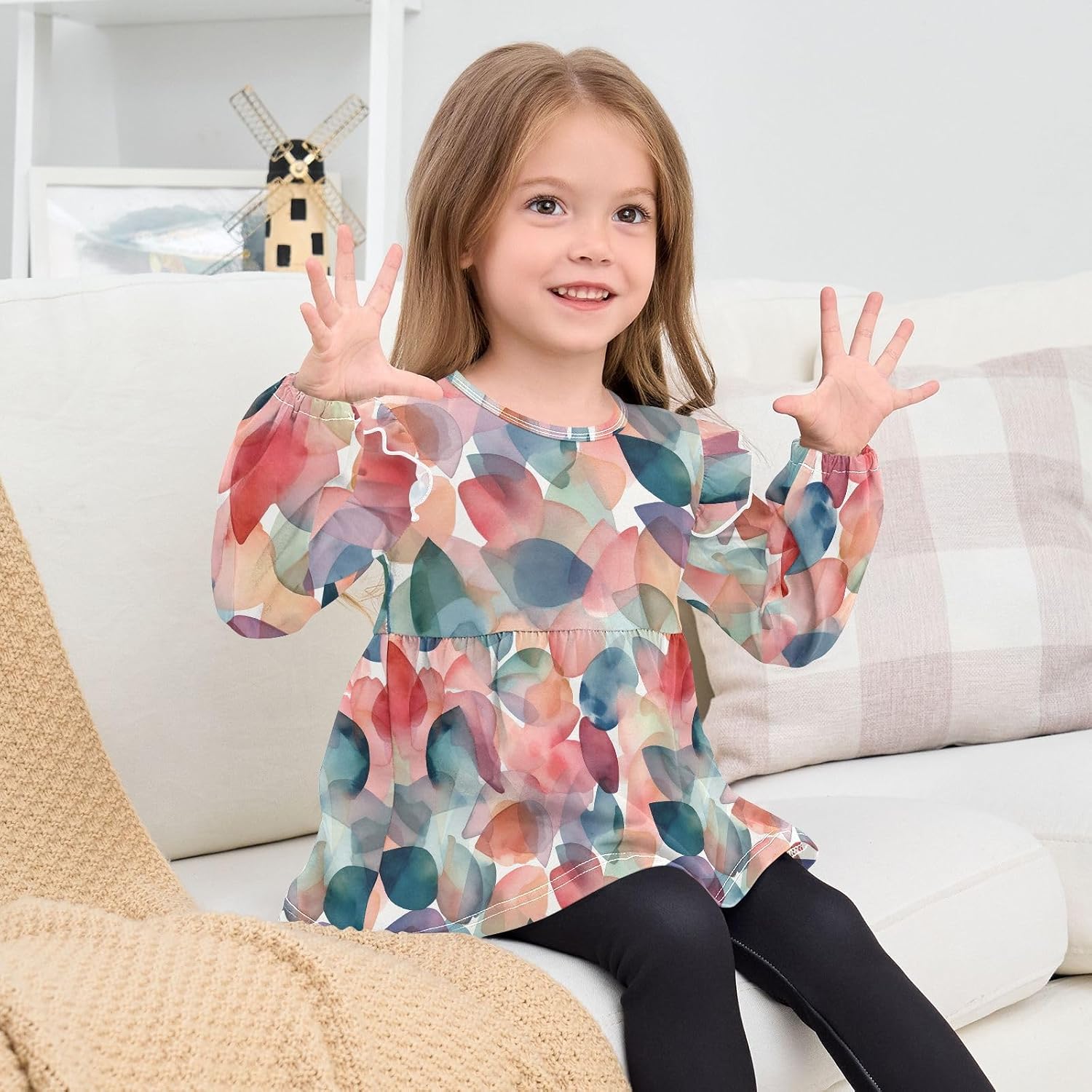 visesunny Toddler Clothes for Girls Watercolor Petal Floral Long Sleeve Fall Shirts Cotton Top with Ruffle Collar