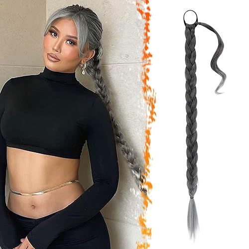 Miniatura 17 de BARSDAR 30 Inch Long Braided Ponytail Extension with Hair Tie - Straight Sleek Wrap Around Brown Braided Ponytail Hair Extensions - Synthetic Pony